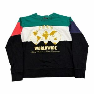 AKOO Sweatshirt Mens XL Green Black Colorblock Worldwide Graphic Logo Crewneck